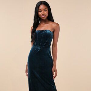 NWT Lulu's "Regal Affect Teal Blue Velvet Bustier Strapless Maxi Dress" Size XS